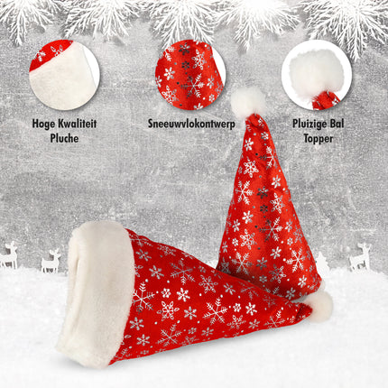 Kerstmutsen Set voor Volwassenen - met Sneeuwvlokken - 62cm Hoofdmaat - Rood Wit Pluche - Goedkope Kerstmuts voor Mannen en Vrouwen - Perfect voor Kerst Feestdagen - 6 Stuks