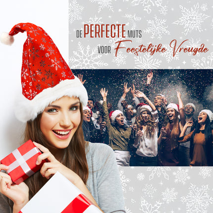 Kerstmutsen Set voor Volwassenen - met Sneeuwvlokken - 62cm Hoofdmaat - Rood Wit Pluche - Goedkope Kerstmuts voor Mannen en Vrouwen - Perfect voor Kerst Feestdagen - 6 Stuks