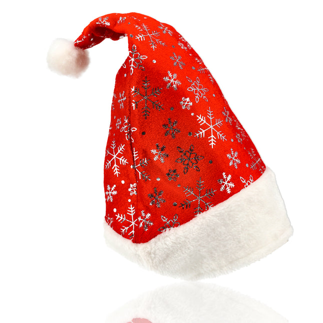 Kerstmuts Volwassenen Unisex met Sneeuwvlokken - 62cm Hoofd - Rood Wit Pluche - Goedkope Kerstmuts voor Mannen en Vrouwen - Perfect voor Kerstoutfits, Nieuwjaar en Sinterklaas!