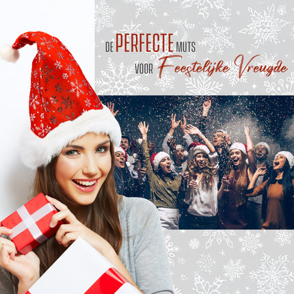 Kerstmuts Volwassenen Unisex met Sneeuwvlokken - 62cm Hoofd - Rood Wit Pluche - Goedkope Kerstmuts voor Mannen en Vrouwen - Perfect voor Kerstoutfits, Nieuwjaar en Sinterklaas!