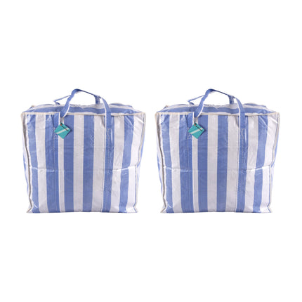 Set van 2 - Blauw-Witte Shopper Tas met Rits - Opbergtas - 55cm x 30cm x 50cm - Licht en Slijtvast 