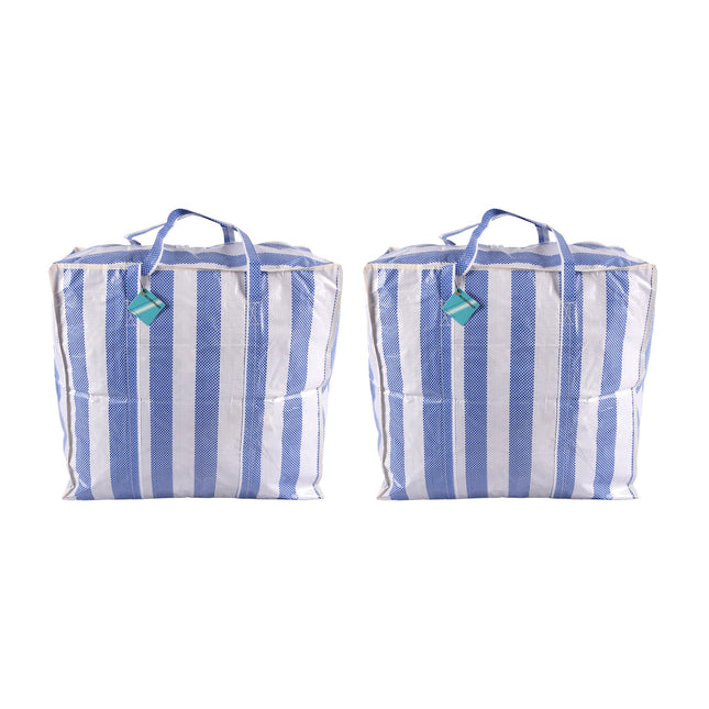 Set van 2 - Blauw-Witte Shopper Tas met Rits - Opbergtas - 55cm x 30cm x 50cm - Licht en Slijtvast 