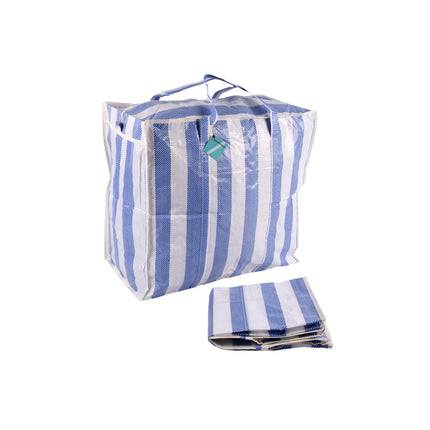 Set van 2 - Blauw-Witte Shopper Tas met Rits - Opbergtas - 55cm x 30cm x 50cm - Licht en Slijtvast 