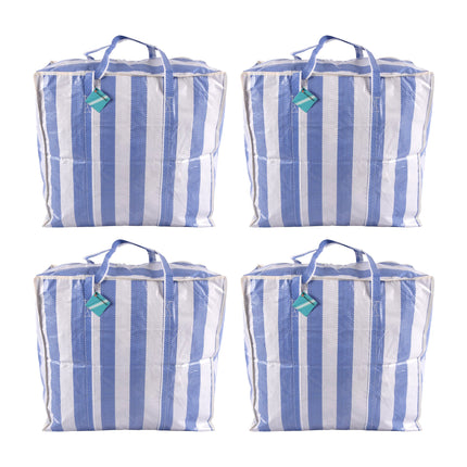 Shopper Tas en Opbergtas met Rits - Blauw-Wit - 55cm x 30cm x 50cm - Plastic - Perfect voor kledingopslag - 720g - Set van 4 stuks 