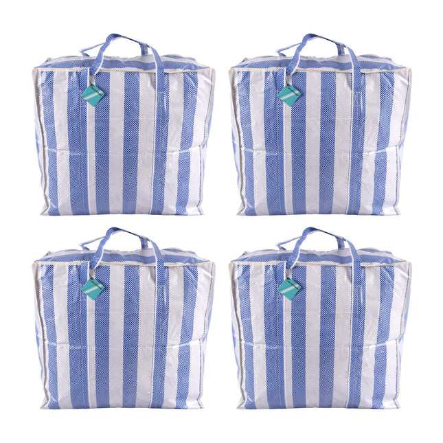 Shopper Tas en Opbergtas met Rits - Blauw-Wit - 55cm x 30cm x 50cm - Plastic - Perfect voor kledingopslag - 720g - Set van 4 stuks 