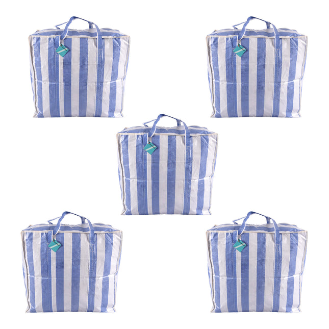 Kleurrijk en Praktisch - Set van Blauw-Witte Tassen - Opbergtas met Rits - 55cm x 30cm x 50cm - Gemaakt van Plastic - Bevat 5 Stuks - Handige Shopper Tas voor Kleding 