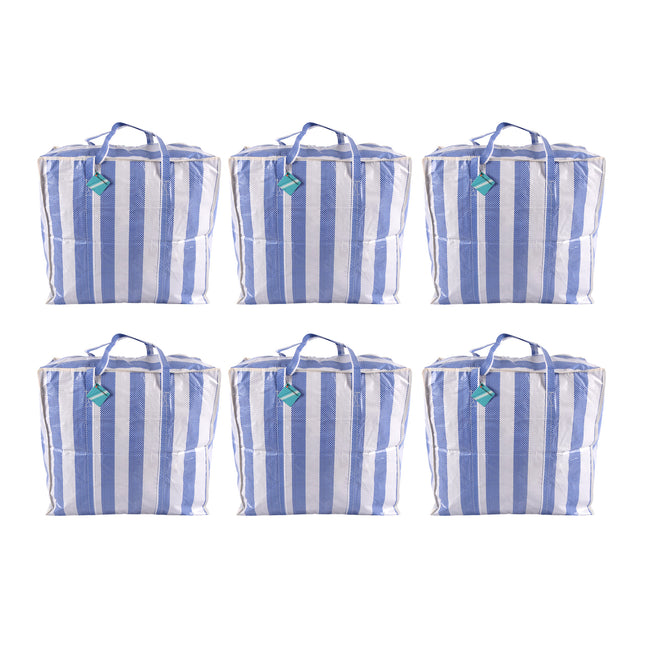 Elegante Blauw-Witte Boodschappentas en Opbergtas met Rits - 55cm x 30cm x 50cm - Plastic - Set van 6 stuks.