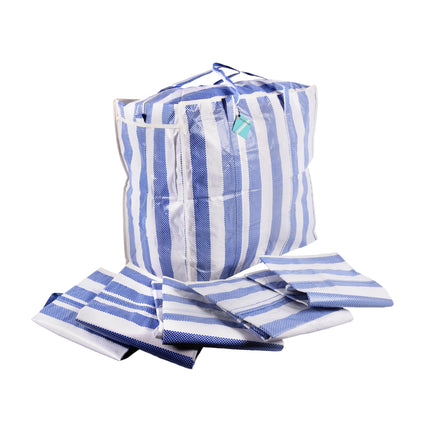 Elegante Blauw-Witte Boodschappentas en Opbergtas met Rits - 55cm x 30cm x 50cm - Plastic - Set van 6 stuks.