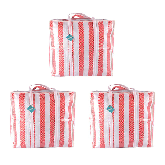 Rode en Witte Opvouwbare Shopper Tas met Rits - 55cm x 30cm x 50cm - shopper tas XXL - 540g - Opvouwbare tas - 3 stuks - 82 Liter 