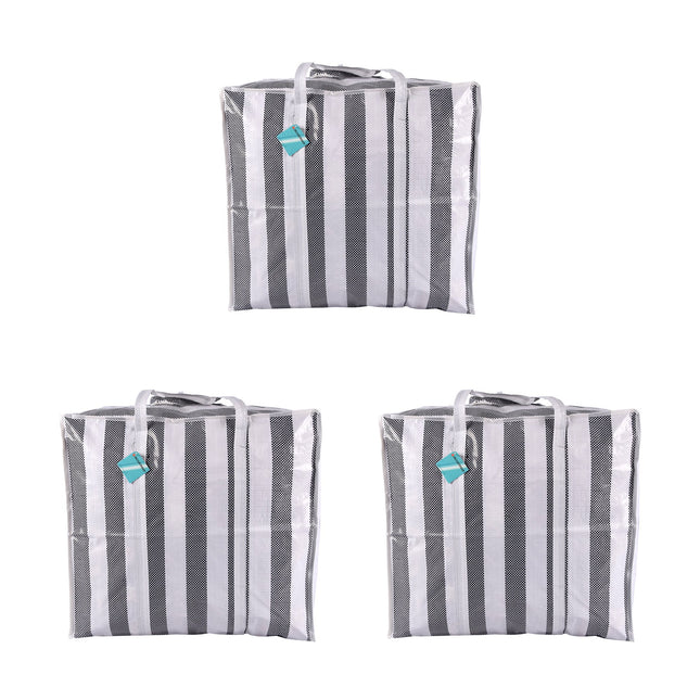 Gestreepte Zwarte en Witte Opbergtassen Set - Ruime Reistas, Shopper Tas - 82 liter - Met Rits - 55cm x 30cm x 50cm - Plastic - 540g - 3 Stuks