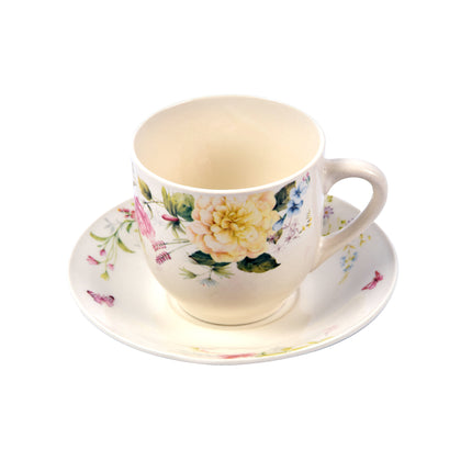 Witte Porseleinen Koffie en Theekopjes met Bloemenmotief Set van 12 (6 Kopjes en 6 Schotels) | 200ml | Stijl en Balans in Elk Kopje | Duurzaam en Vaatwasserbestendig | Ideaal voor Dagelijks Gebruik