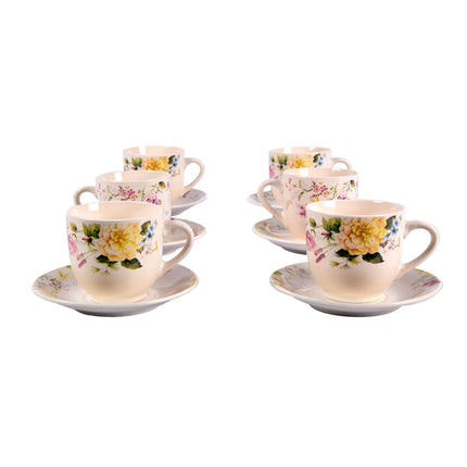 Witte Porseleinen Koffie en Theekopjes met Bloemenmotief Set van 12 (6 Kopjes en 6 Schotels) | 200ml | Stijl en Balans in Elk Kopje | Duurzaam en Vaatwasserbestendig | Ideaal voor Dagelijks Gebruik
