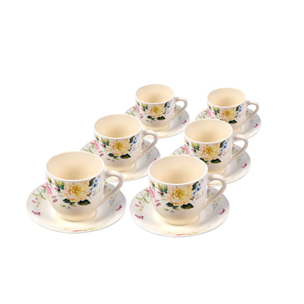 Witte Porseleinen Koffie en Theekopjes met Bloemenmotief Set van 12 (6 Kopjes en 6 Schotels) | 200ml | Stijl en Balans in Elk Kopje | Duurzaam en Vaatwasserbestendig | Ideaal voor Dagelijks Gebruik