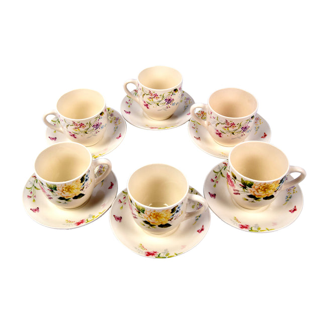 Witte Porseleinen Koffie en Theekopjes met Bloemenmotief Set van 12 (6 Kopjes en 6 Schotels) | 200ml | Stijl en Balans in Elk Kopje | Duurzaam en Vaatwasserbestendig | Ideaal voor Dagelijks Gebruik