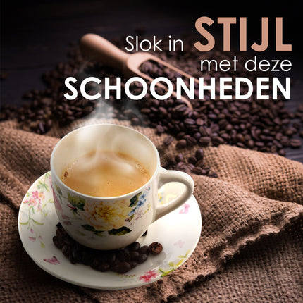 Witte Porseleinen Koffie en Theekopjes met Bloemenmotief Set van 12 (6 Kopjes en 6 Schotels) | 200ml | Stijl en Balans in Elk Kopje | Duurzaam en Vaatwasserbestendig | Ideaal voor Dagelijks Gebruik