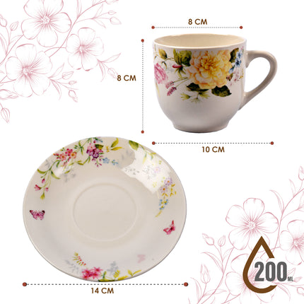 Witte Porseleinen Koffie en Theekopjes met Bloemenmotief Set van 12 (6 Kopjes en 6 Schotels) | 200ml | Stijl en Balans in Elk Kopje | Duurzaam en Vaatwasserbestendig | Ideaal voor Dagelijks Gebruik
