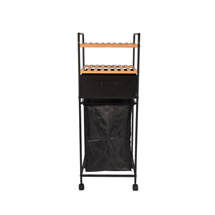 Stijlvol Vrijstaand Badkamerrek - Modern Badkamer Opbergrek met Wasmand - Handdoekrekken | Bamboe en Metaal | 38x105.50x33 cm