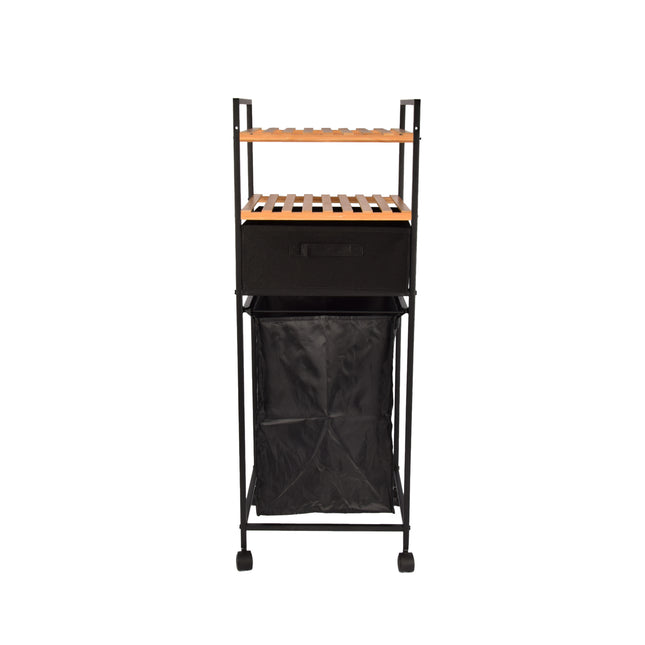 Stijlvol Vrijstaand Badkamerrek - Modern Badkamer Opbergrek met Wasmand - Handdoekrekken | Bamboe en Metaal | 38x105.50x33 cm