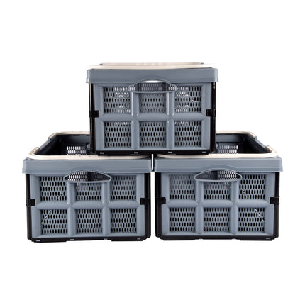 Set van 3 Inklapbaar Plastic Vouwkrat - 40L - Blauw/Zwart - Met Handvatten - Afmetingen: 50cm x 34cm x 24cm