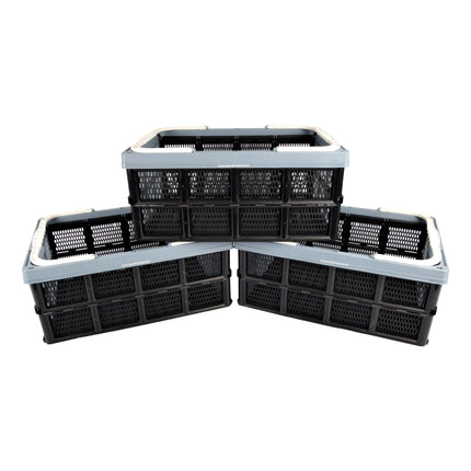 Set van 3 Inklapbaar Plastic Vouwkrat - 40L - Blauw/Zwart - Met Handvatten - Afmetingen: 50cm x 34cm x 24cm