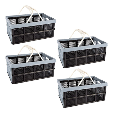 Pakket van 4 Opvouwbare Vouwkratten van Plastic - 40 Liter Kratten zonder Deksel - Blauw/Zwart - Met Handige Zijhandvatten - 50cm x 34cm x 24cm