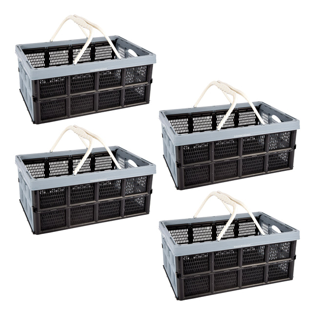 Pakket van 4 Opvouwbare Vouwkratten van Plastic - 40 Liter Kratten zonder Deksel - Blauw/Zwart - Met Handige Zijhandvatten - 50cm x 34cm x 24cm