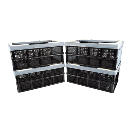 Pakket van 4 Opvouwbare Vouwkratten van Plastic - 40 Liter Kratten zonder Deksel - Blauw/Zwart - Met Handige Zijhandvatten - 50cm x 34cm x 24cm