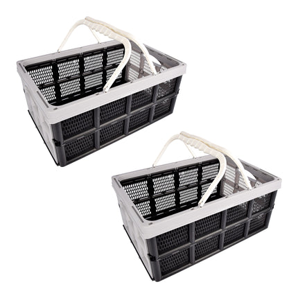 Twee Handige Opvouwbare Plastic Opbergboxen - 40 Liter - Grijs/Zwart - Met Dubbele Zijhandvatten - Afmetingen: 50cm x 34cm x 24cm