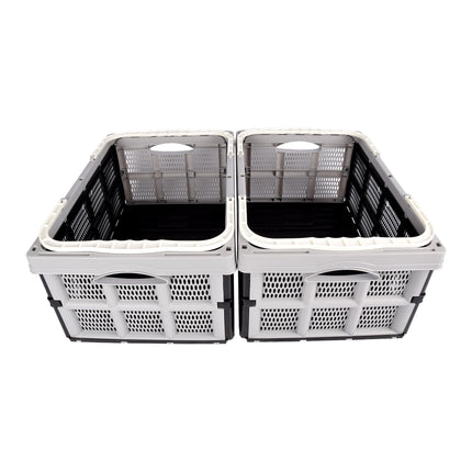 Twee Handige Opvouwbare Plastic Opbergboxen - 40 Liter - Grijs/Zwart - Met Dubbele Zijhandvatten - Afmetingen: 50cm x 34cm x 24cm