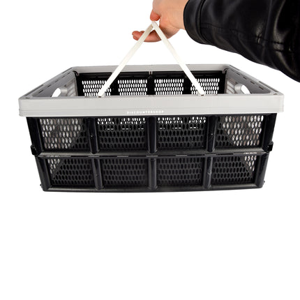 Twee Handige Opvouwbare Plastic Opbergboxen - 40 Liter - Grijs/Zwart - Met Dubbele Zijhandvatten - Afmetingen: 50cm x 34cm x 24cm