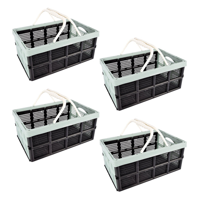Kwartet Opvouwbare Vouwkratten voor Kleding - Praktisch Krat met 40 Liter Capaciteit - Groen/Zwart - Inklapbare Opbergbox zonder Deksel - Plastic - Afmetingen: 50cm x 34cm x 24cm