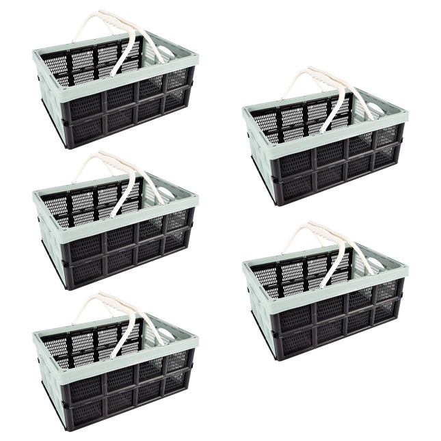 5x Draagbaar Opvouwbaar Vouwkrat voor Kleding - 40L - Groen/Zwart - Inklapbare Opbergbox zonder Deksel - Plastic - 50cm x 34cm x 24cm - met handvatten
