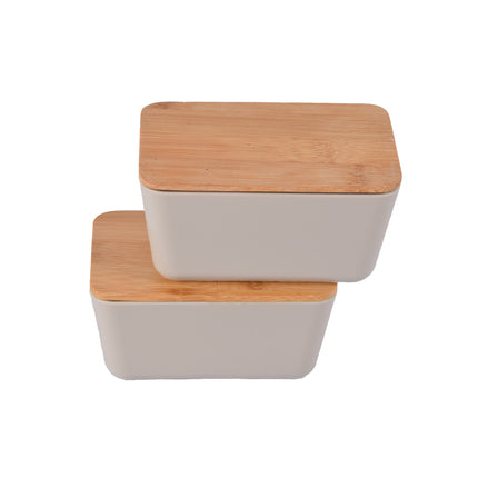 Ruime Beige Opbergdoos met Deksel - 13cm x 8cm x 7cm - Vervaardigd met Hout, Plastic en Rubber - Set van 2 stuks