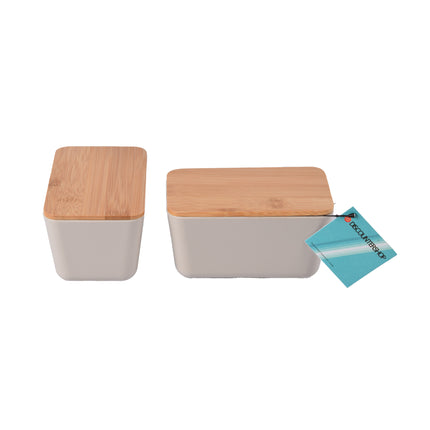 Ruime Beige Opbergdoos met Deksel - 13cm x 8cm x 7cm - Vervaardigd met Hout, Plastic en Rubber - Set van 2 stuks