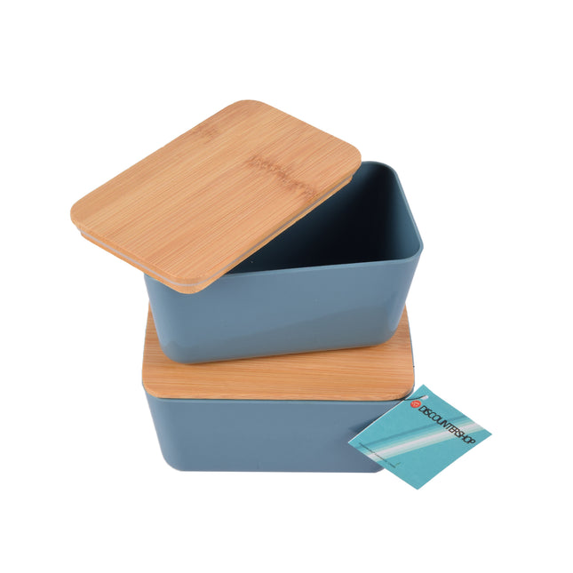 Compacte Blauwe Bewaardoos - Bamboe Deksel - Vershouddozen - Hout, Plastic, Rubber - 2 stuks