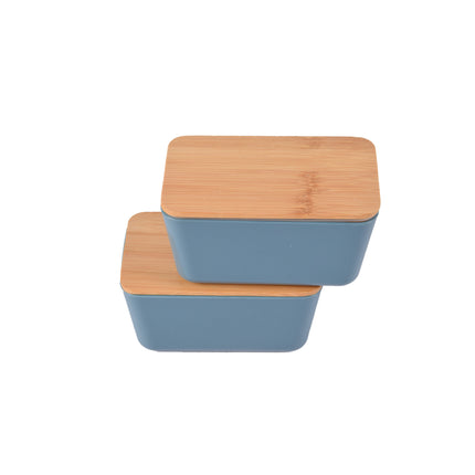 Compacte Blauwe Bewaardoos - Bamboe Deksel - Vershouddozen - Hout, Plastic, Rubber - 2 stuks