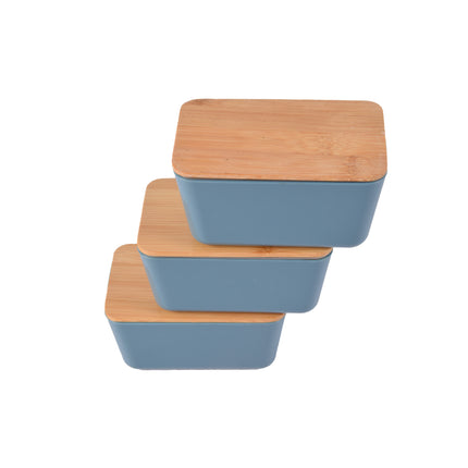 Compacte Blauwe Opbergdoos voor Voedsel met Deksel - Vershouddozen - Opbergbox - Bewaardoos - 13x8x7cm - Gemaakt van Hout, Plastic en Rubber - Set van 3 stuks – Lichtgewicht