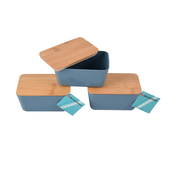 Compacte Blauwe Opbergdoos voor Voedsel met Deksel - Vershouddozen - Opbergbox - Bewaardoos - 13x8x7cm - Gemaakt van Hout, Plastic en Rubber - Set van 3 stuks – Lichtgewicht