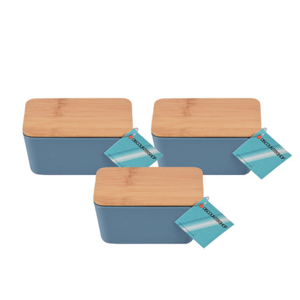 Compacte Blauwe Opbergdoos voor Voedsel met Deksel - Vershouddozen - Opbergbox - Bewaardoos - 13x8x7cm - Gemaakt van Hout, Plastic en Rubber - Set van 3 stuks – Lichtgewicht