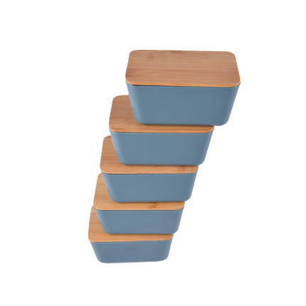 Duurzame Voedsel Opbergdoos - Blauwe Opbergbox - 13cm x 8cm x 7cm - Hout, Plastic, Rubber - Set van 5 stuks