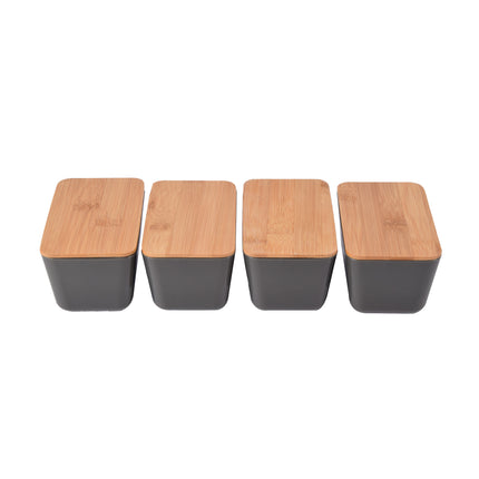 Luxe Donker Grijze Opbergdoos met Deksel - 13cm x 8cm x 7cm - Hout, Plastic, Rubber - 540g - Set van 4 stuks