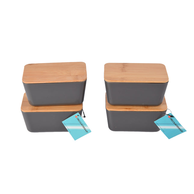 Luxe Donker Grijze Opbergdoos met Deksel - 13cm x 8cm x 7cm - Hout, Plastic, Rubber - 540g - Set van 4 stuks