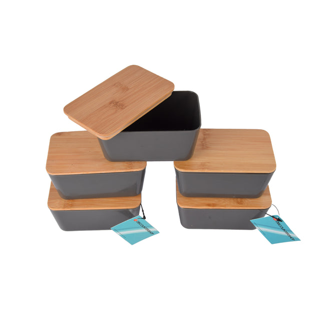 Opbergdoos met deksel in donkergrijs - 5 stuks - Gemaakt van hout, plastic, rubber