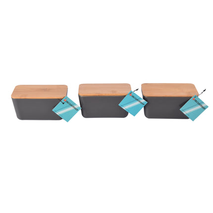 Opbergdoos met Deksel - Donker Grijs - 13cm x 8cm x 7cm - Gemaakt van Hout, Plastic en Rubber - Set van 3 stuks