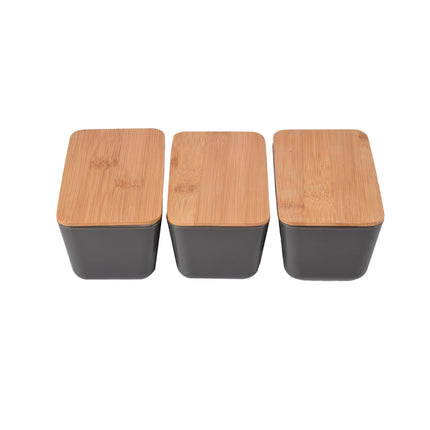 Opbergdoos met Deksel - Donker Grijs - 13cm x 8cm x 7cm - Gemaakt van Hout, Plastic en Rubber - Set van 3 stuks