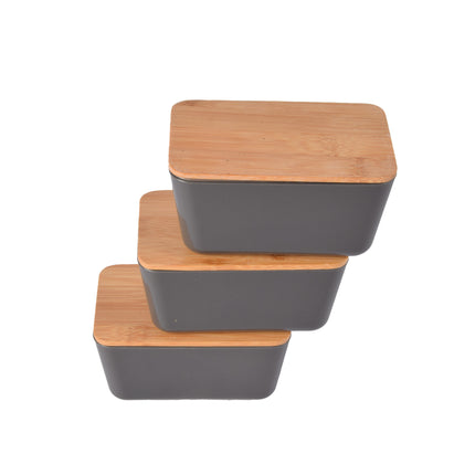 Opbergdoos met Deksel - Donker Grijs - 13cm x 8cm x 7cm - Gemaakt van Hout, Plastic en Rubber - Set van 3 stuks