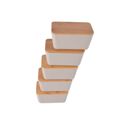 Stijlvolle Beige Opbergdoos Set - Duurzaam en Handig - 13cm x 8cm x 7cm - Hout, Plastic, Rubber - 5 Stuks