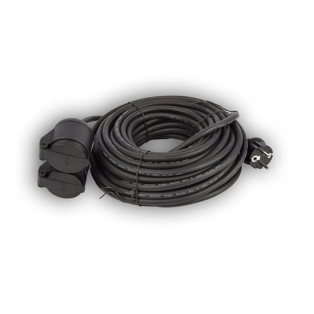 Verlengsnoer met 2 stopcontacten 20 meter - verlengkabel met 2 Schuko stopcontacten, dubbele verlenging,2 geaarde contactbus,rubberen kabel voor buiten, IP44, H05RR-F3G 1,5 mm2 Neopreen. Rubber voor buiten. 20 meter , met twee stekker aansluitingen.