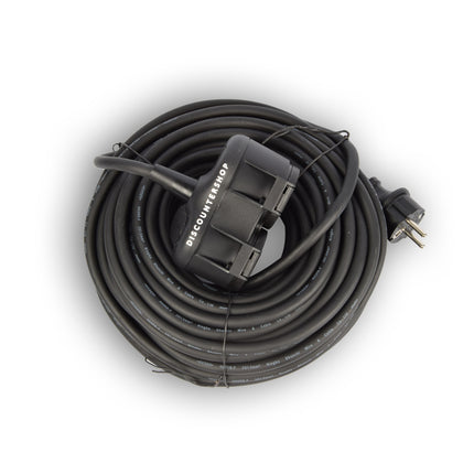 Verlengsnoer met 2 stopcontacten 20 meter - verlengkabel met 2 Schuko stopcontacten, dubbele verlenging,2 geaarde contactbus,rubberen kabel voor buiten, IP44, H05RR-F3G 1,5 mm2 Neopreen. Rubber voor buiten. 20 meter , met twee stekker aansluitingen.