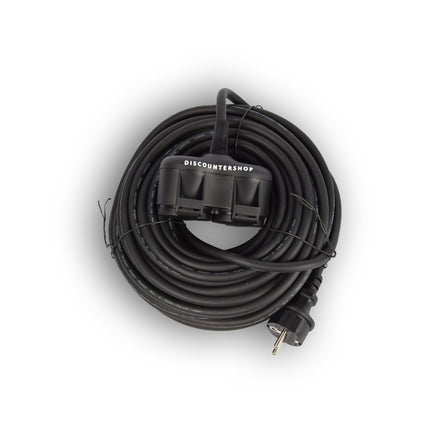 Verlengsnoer met 2 stopcontacten 20 meter - verlengkabel met 2 Schuko stopcontacten, dubbele verlenging,2 geaarde contactbus,rubberen kabel voor buiten, IP44, H05RR-F3G 1,5 mm2 Neopreen. Rubber voor buiten. 20 meter , met twee stekker aansluitingen.